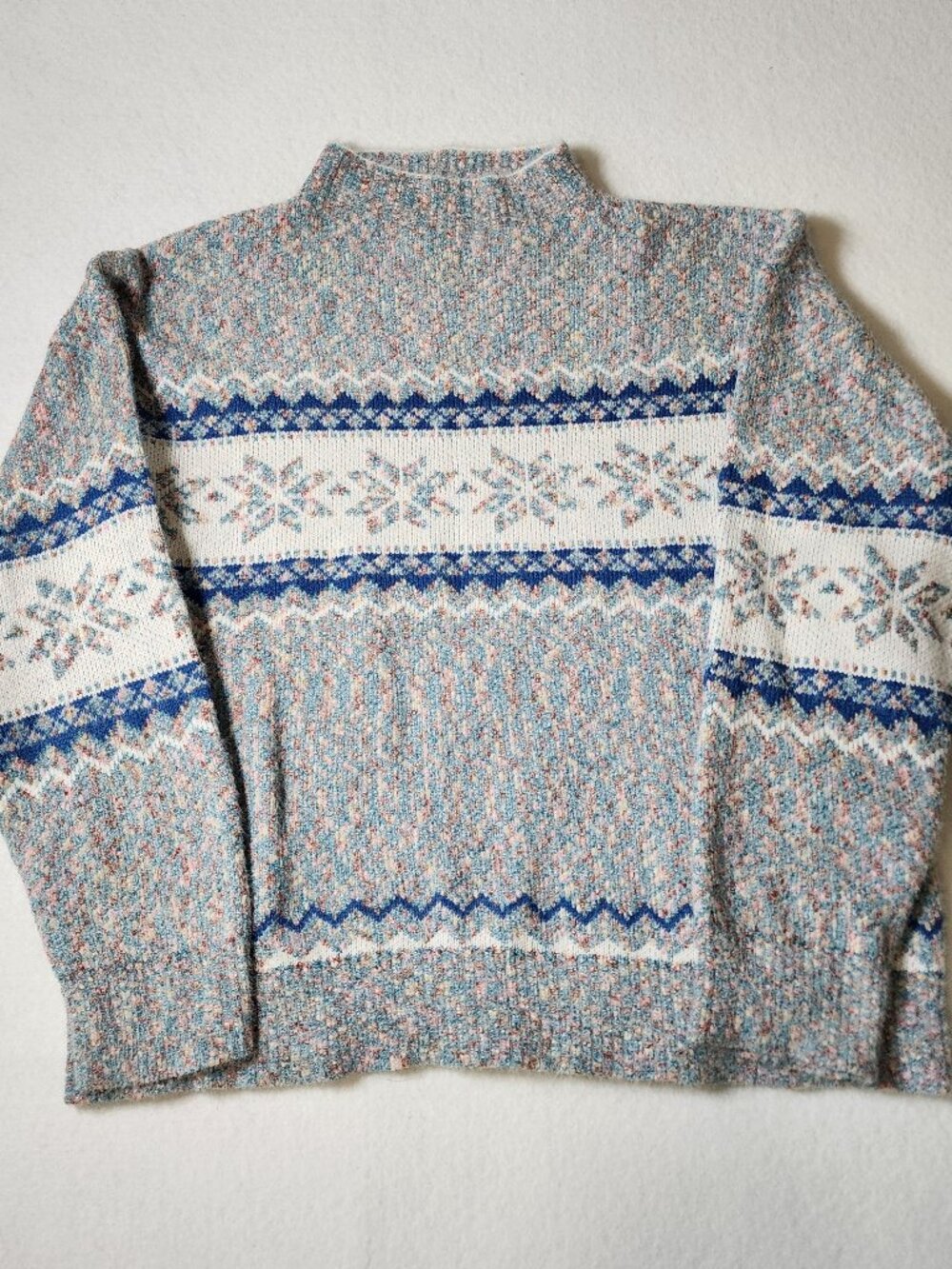 Snowflake Mock Neck Sweater Women's XL Marl Knit Fair Isle Blue Pink Pastel